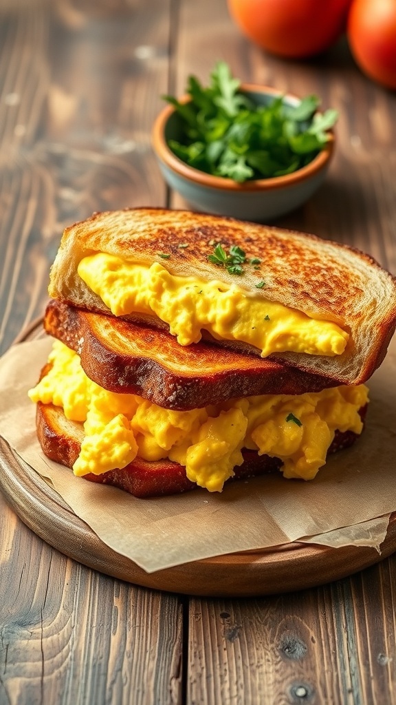 A classic egg sandwich with scrambled eggs on toasted bread, garnished with herbs, on a rustic table.